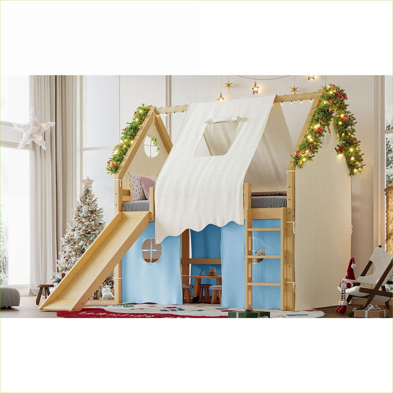 Lit mezzanine pleine grandeur pour chambre d'enfant en bois massif fantaisiste bleu classique avec glissade intégrée