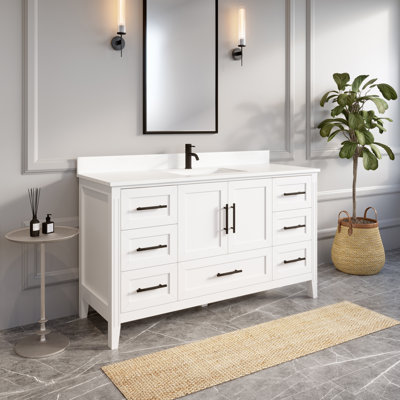 Meuble-lavabo simple blanc l 60 po x P 22 po avec barre de puissance et organisateur de tiroir Houston, comptoir en quartz, lavabo en céramique encastré, bois franc de bouleau massif, pré-assemblé