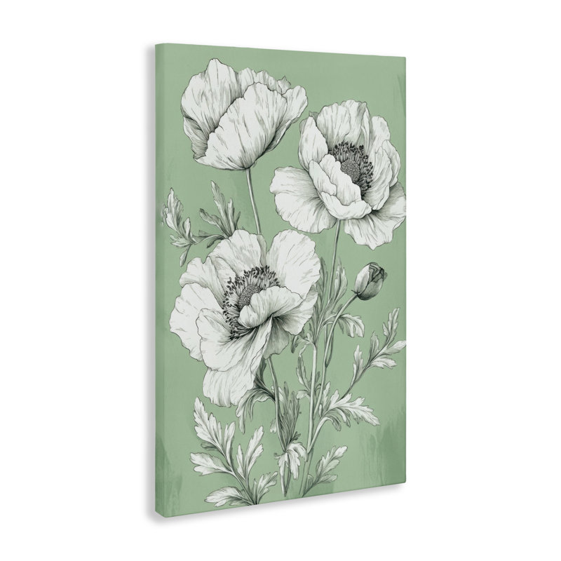 Toile à motif floral coquelicot vert classique, design par Petal Prints Design, H 24 po x l 16 po