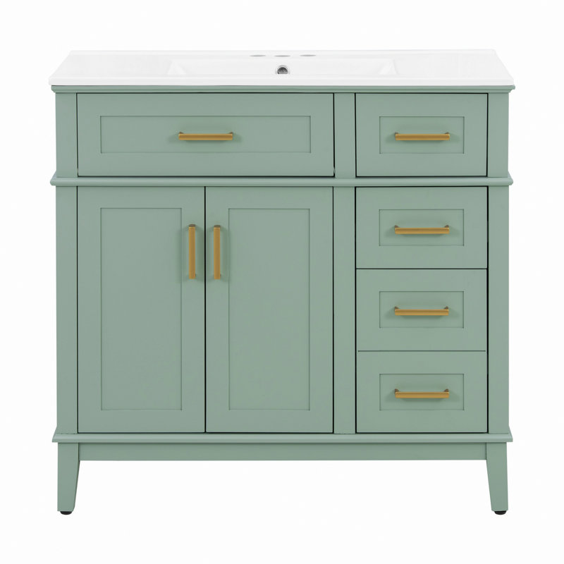 Meuble-lavabo de salle de bain avec lavabo en céramique, porte à fermeture en douceur et 4 tiroirs de rangement