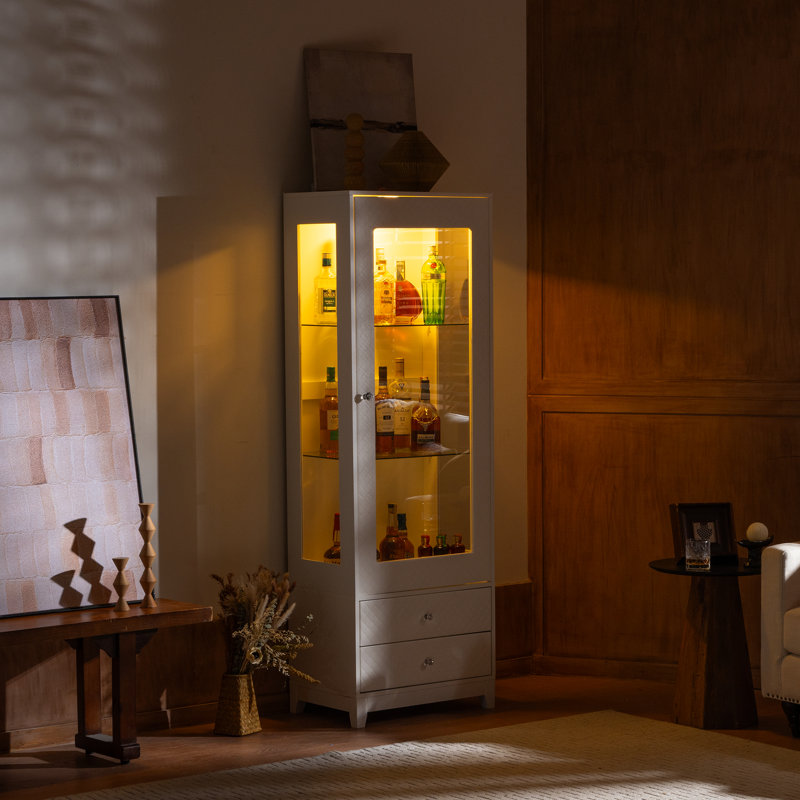 Armoire à vin 71 po autoportante avec vue panoramique 180 po, portes rembourrées, 2 tiroirs de rangement, porte vitrée, tablettes réglables, plafond à DEL 5 couleurs pour la configuration de la salle à manger - éléments blancs, vue