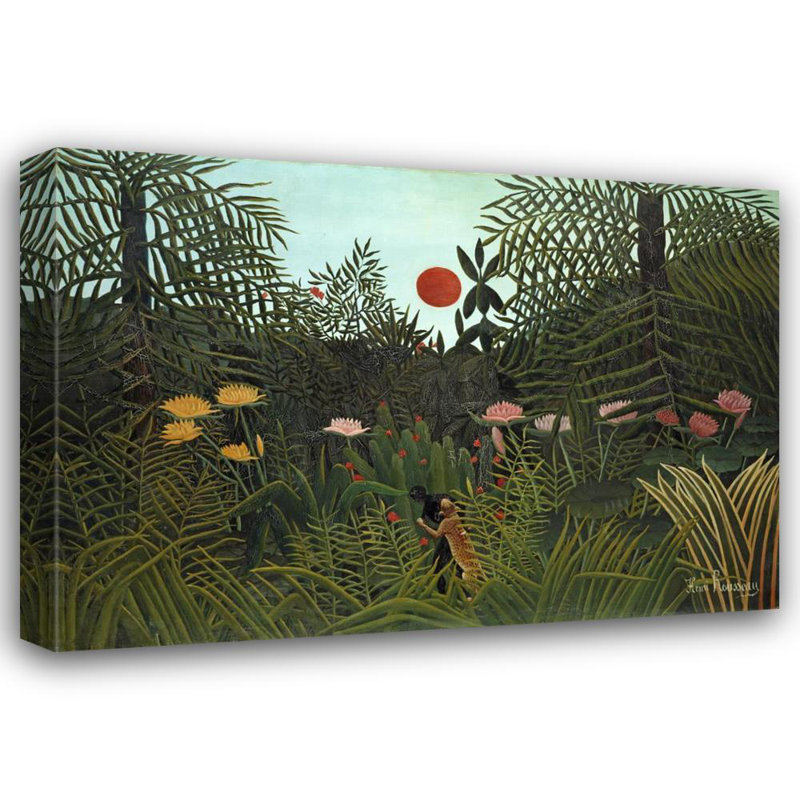 "Jungle avec soleil couchant" par Henri Rousseau - Toile tendue avec châssis, H 24 po x l 17 po