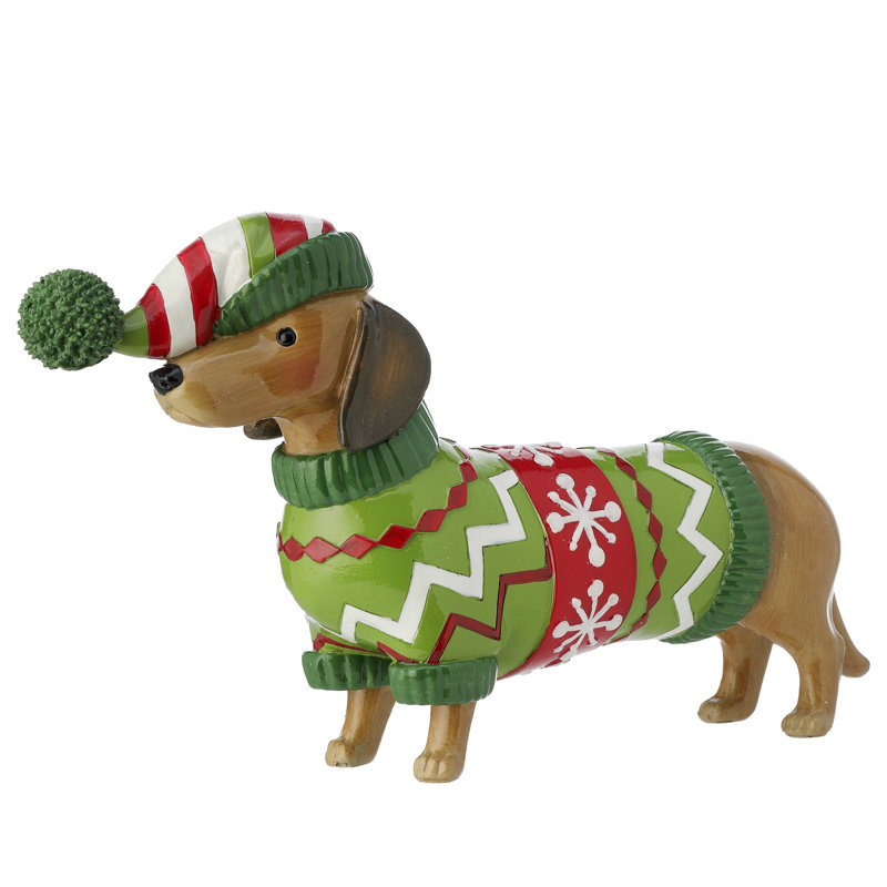 5.5" Festive Resin Dachshund in Green Sweater