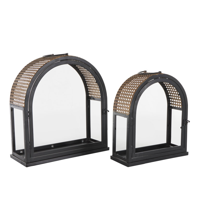 Metal Arched Indoor Outdoor Black Candle Lantern with Cane Inspired Gold Tops Set