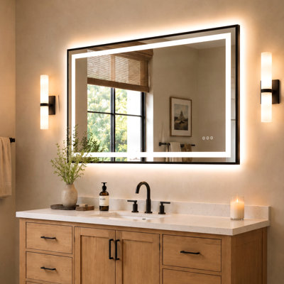 Miroir de salle de bain à cadre noir mat certifié UL / ETL avec éclairage avant et rétroéclairé, antibuée, 3 températures de couleur, gradation continue, fonction mémoire, verre trempé, fixation murale horizontale / verticale