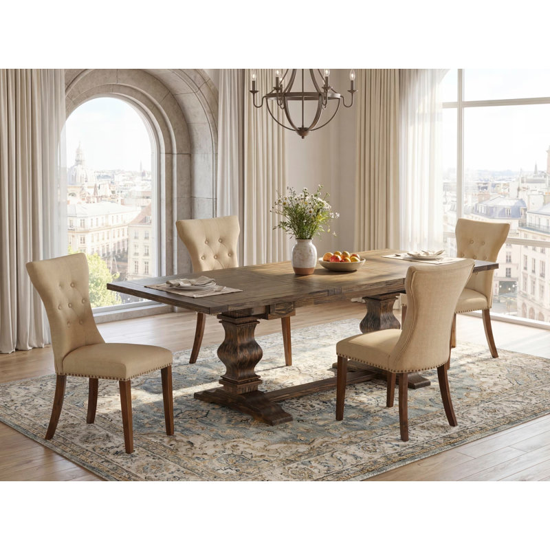 L'ensemble de 5 pièces pour coin-repas pour 4 personnes comprend une table de salle à manger rectangulaire avec rallonge amovible et 4 chaises rembourrées en tissu brun, jacobin vieilli