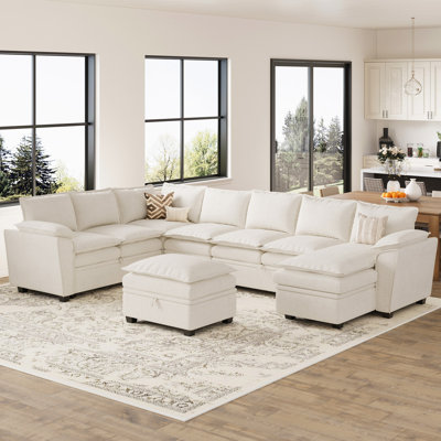 Luna Large Chenille U-Shaped Stoarge Sofa Convertible Oversized Pull Out Bed Sleeper Livingroom Couch With Ottoman