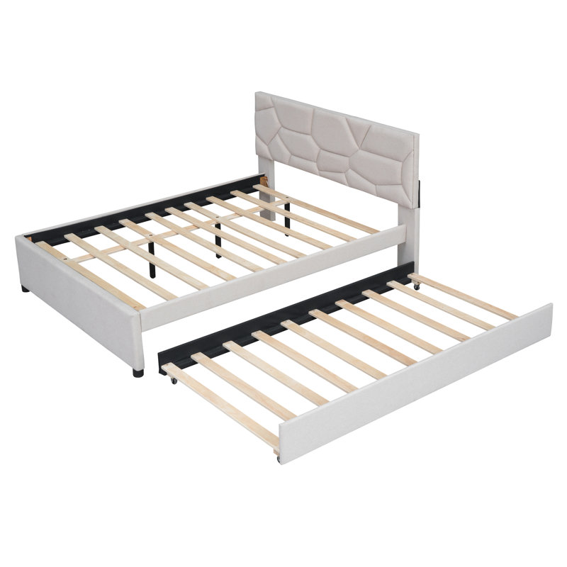 Lit plateforme tapissier avec lit gigogne, Plein, Beige