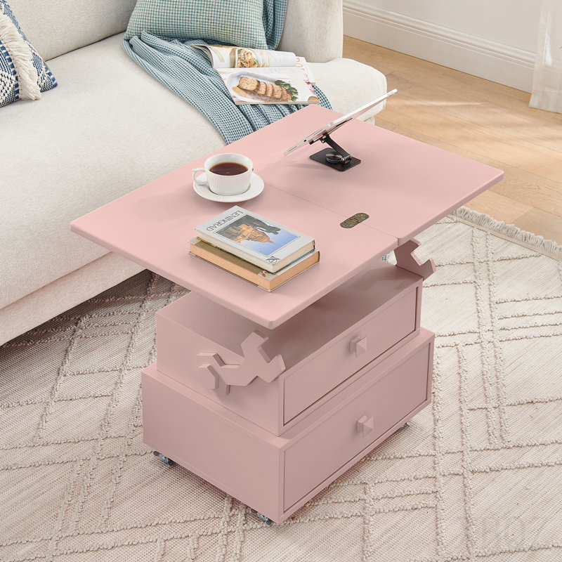Table de bout roulante à hauteur ajustable laquée ultrabrillante avec station de charge et roues universelles avec freins, table à plateau relevable multifonctionnelle avec tiroirs de rangement pour la chambre à coucher du salon