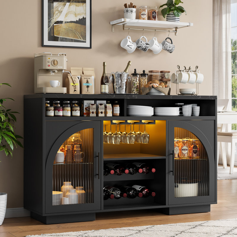 Sideboard Buffet Cabinet, 54" Kitchen Cabinet With Led Lights & Arched Glass Doors, Tall Bar Cabinets With Adjustable Shelves, Wine Rack & Storage Table For Dining Room