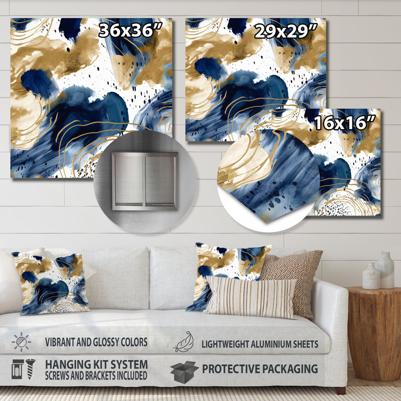 Abstract Pattern With Blue & Golden Textures II - Abstract Print on Metal, 16" H x 16" W x 1" D
