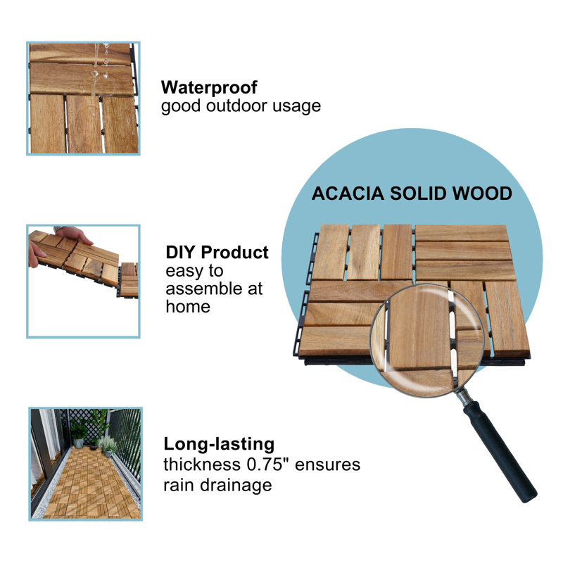 Paquet de 20 tuiles de terrasse emboîtables en bois d'acacia - plancher extérieur 12 X 12 pour patio, balcon et bord de piscine