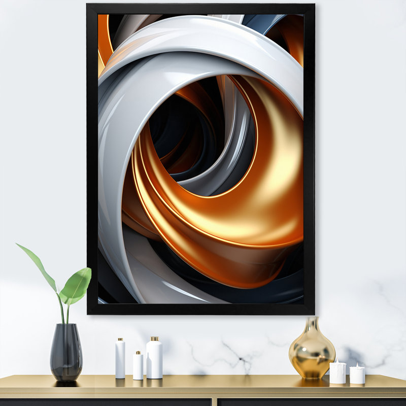 Liquide blanc et orange abstrait tourbillon minimal sur toile, Cadre simple noir, H 44 po x l 34 po x P 1,5 po