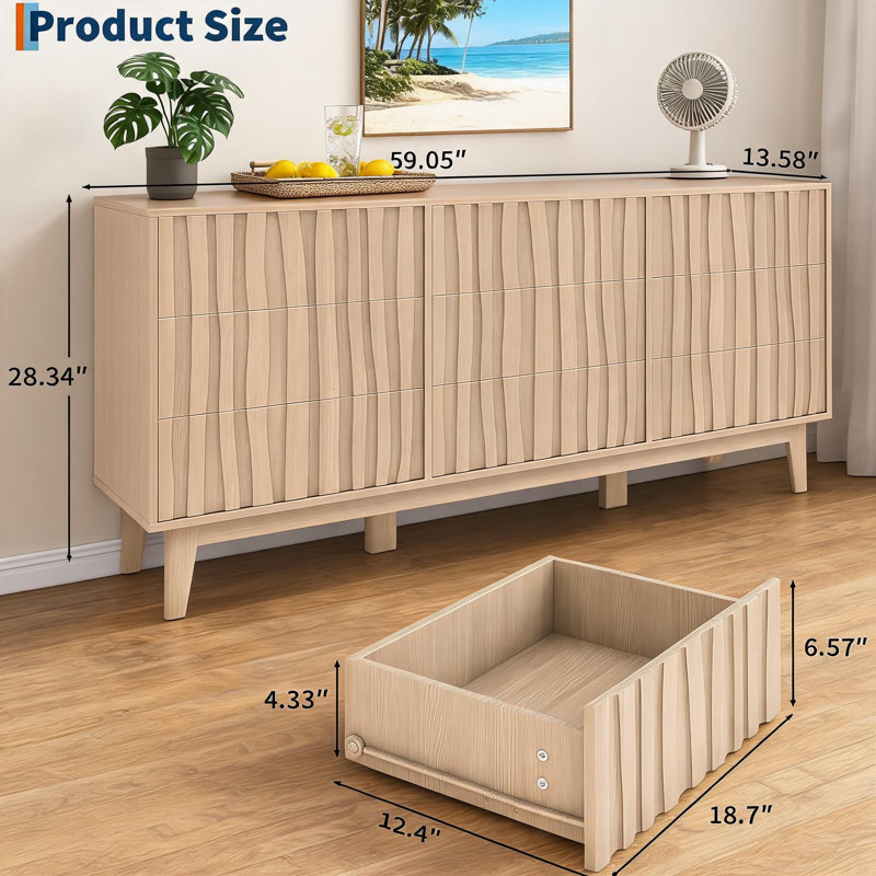 59 inch Fluted Dresser for Bedroom with 9 Drawers for Bedroom, Modern Fluted Chest of Drawers, Freestanding Wooden Storage Cabinet, TV Stand for Living Room, Entryway, Hallway.
