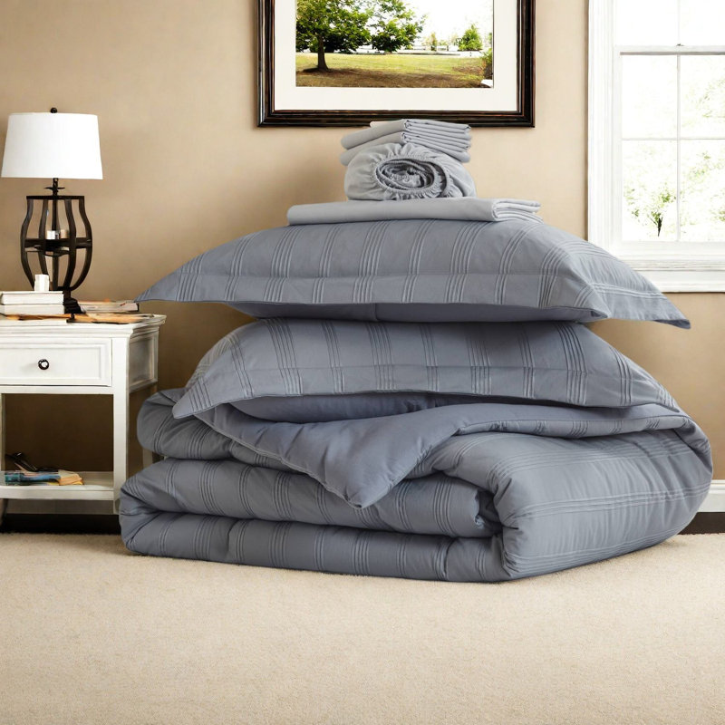 Cozy 7-piece Full Bedding Sets, Polyester Grey Stripes, Perfect For Dorms