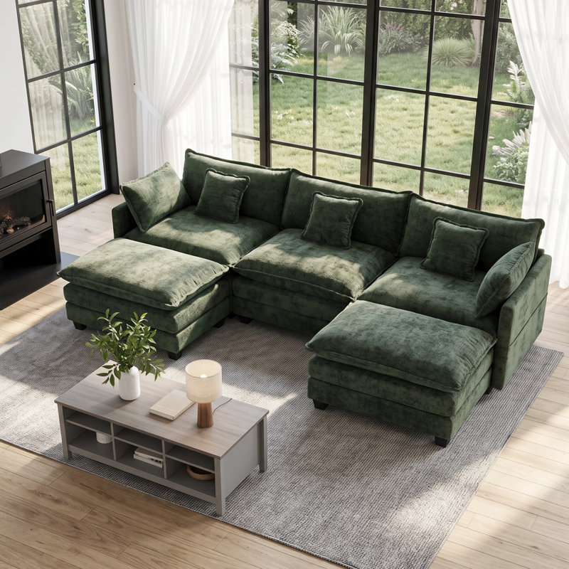 Canapé modulaire en U en chenille de 108 po de large avec 2 repose-pieds et coussins, Chenille verte