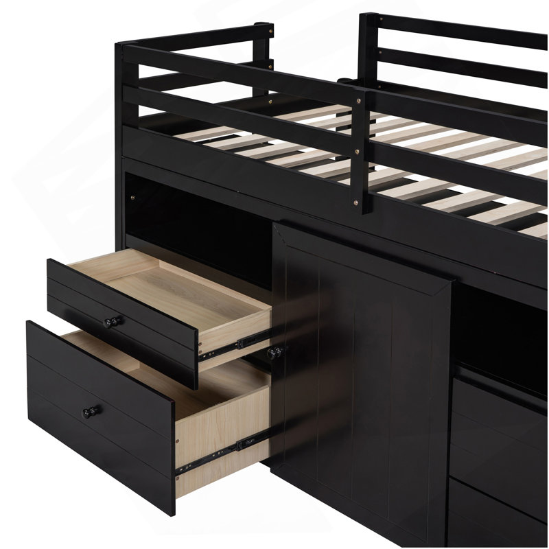 Lit mezzanine simple avec 4 tiroirs, sous l'armoire et les tablettes, espresso