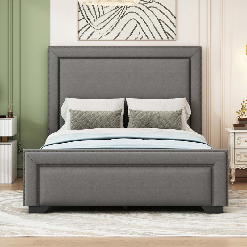 Grand lit tapissier, lit tapissier moderne avec support en lattes de bois, aucun sommier requis, assemblage facile, Gris