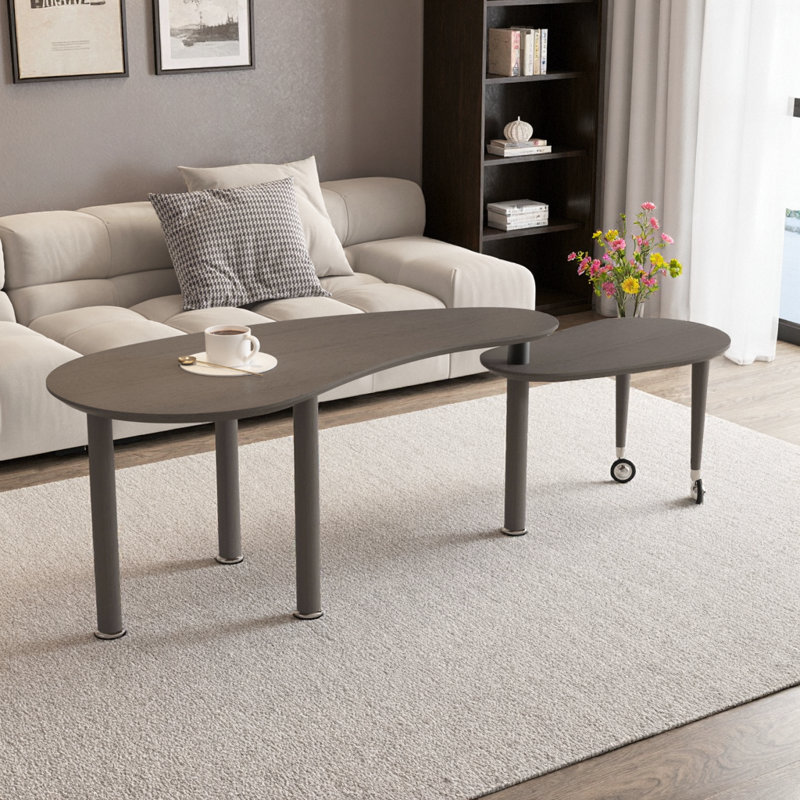 Table basse gigogne moderne à 360 ° avec plateau en bois et pieds en bois massif, Marron foncé, Ovale