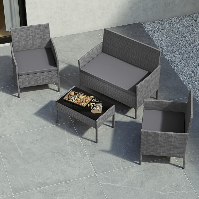 Alarik Rattan 4 - Person Seating Group with Cushions, UKFR Certified, Grey