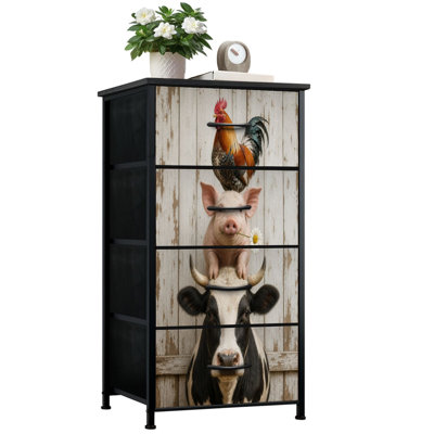 Dresser for Bedroom with 4 Storage Drawers Farm Animals Stack Rooster Pig Cow Rustic Wooden Dressers Chest of Drawers Steel Framed Fabric Closet Organizers for Dorm Entryway