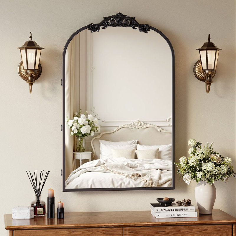 24"x35" Vintage Arched Medicine Cabinet with Mirror, Wall Mounted Bathroom Storage with Recessed/Surface Mount Options, Baroque Retro Design, Black Metal Frame