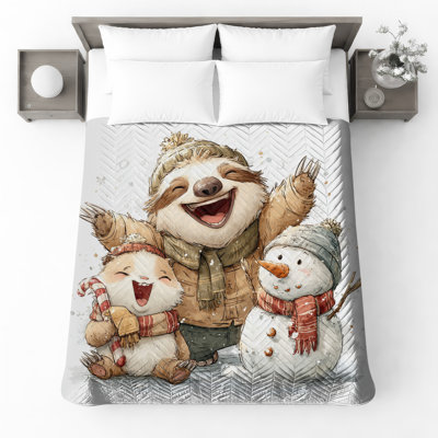Cute Sloth Snowman Bedding Winter Bedspread Animals