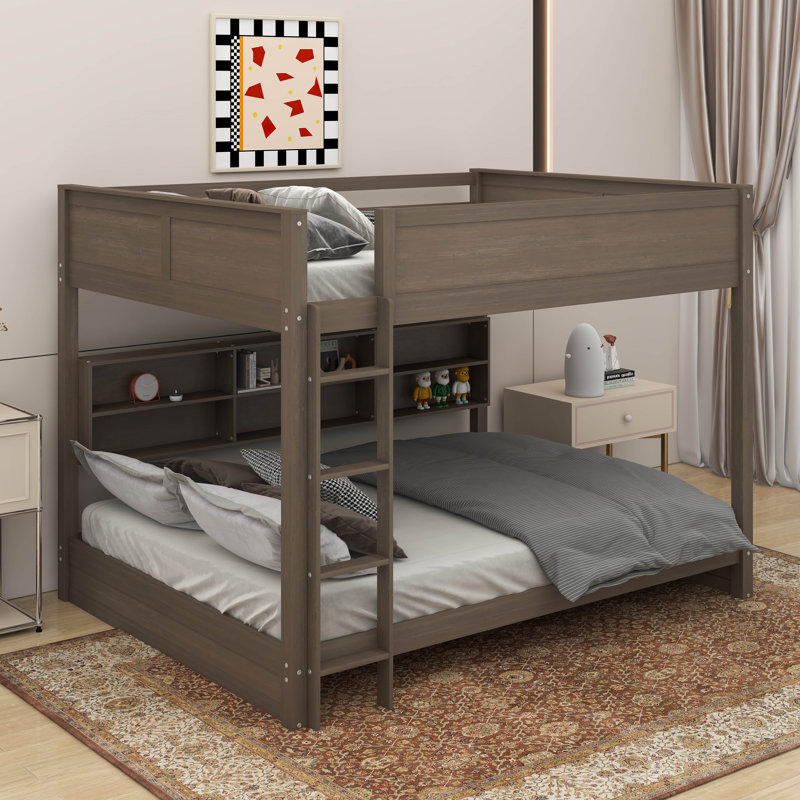 Queen Over Queen Bunk Bed With Cabinets And USB Ports, Antique Wood Color