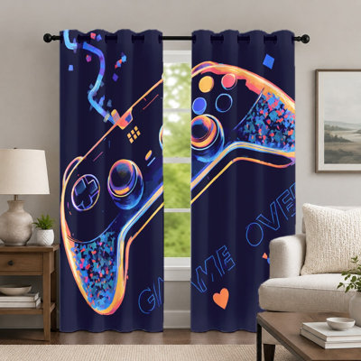 2 rideaux de contrôleur de jeu vidéo 2, rideaux de fenêtre de thème de jeu, rideaux à oeillets à imprimé abstrait coloré, décoration artistique pour le salon de la chambre à coucher
