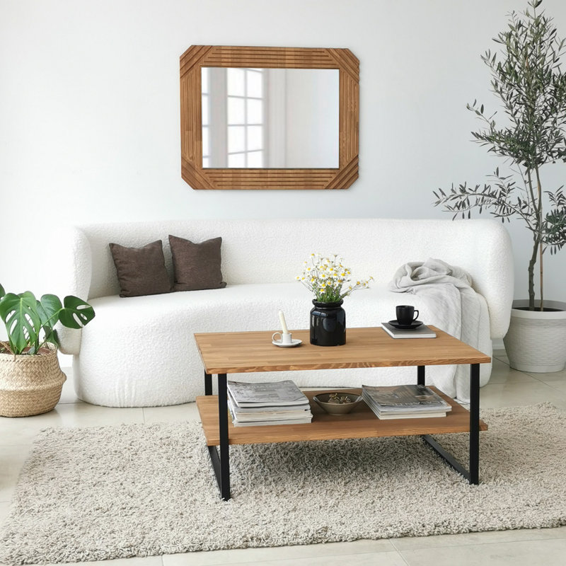Modern Coffee Table with Metal Frame, Oak Finish, 33.5 x 15.7 x 23.6 inches | 100% Pine Solid Wood, Antibacterial, Rustproof Legs | Stylish Industrial Design for Living Room, Assembly Required