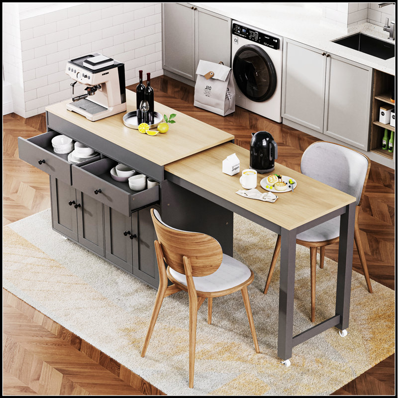 74.5 Inch Extendable Kitchen Island With Dining Table, Rolling Storage Cart With Spice Rack And Drawers, Ideal For Versatile Use And Space Efficiency