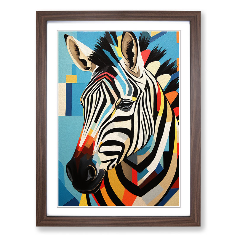 Zebra Geometric No.3 - Single Picture Frame Print on Wood, 64cm H x 46cm W x 2cm D, Walnut