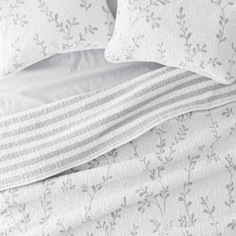 Light Gray and White Reversible Microfiber Quilt Set with Shams