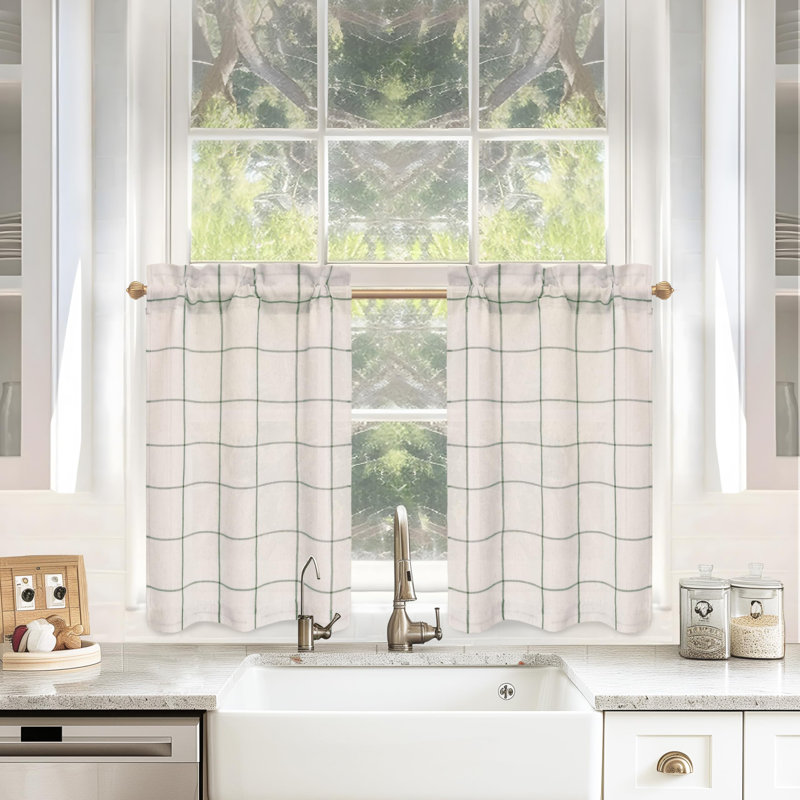 Rideaux de cuisine carreaux de fenêtre, L 26 po x L 36 po, Tissu écossais vert loden / lin clair