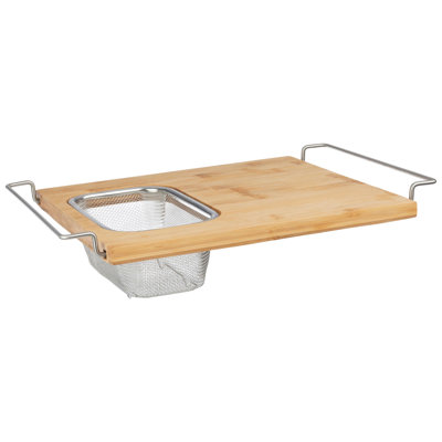 Cutting Board with Strainer - 2 in 1 Adjustable Bamboo Chopping Board with Removable Stainless Steel Colander for Over the Sink by Classic Cuisine