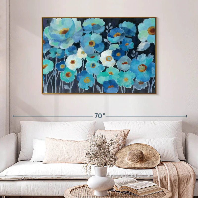 Fleurs indigo, 25 po x 17 po, Cadre flottant doré