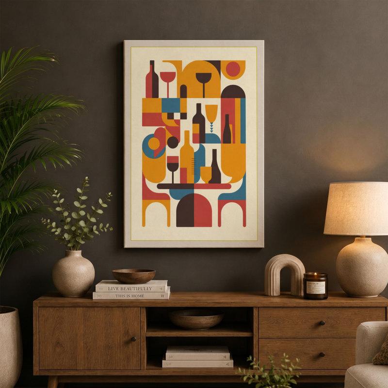 Wine Service Modern Mid-Century - Wrapped Canvas, 36x24 - 91.4 x 61.0 cm, Teal Border