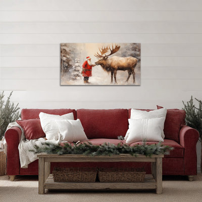 Art mural sur toile GUTTATY Christmas, décoration murale forêt de neige festive, œuvre d'art wapiti et père Noël, impressions sur toile vacances d'hiver, affiche pour salon, chambre à coucher, décorations d'intérieur, 48 po x 24 po