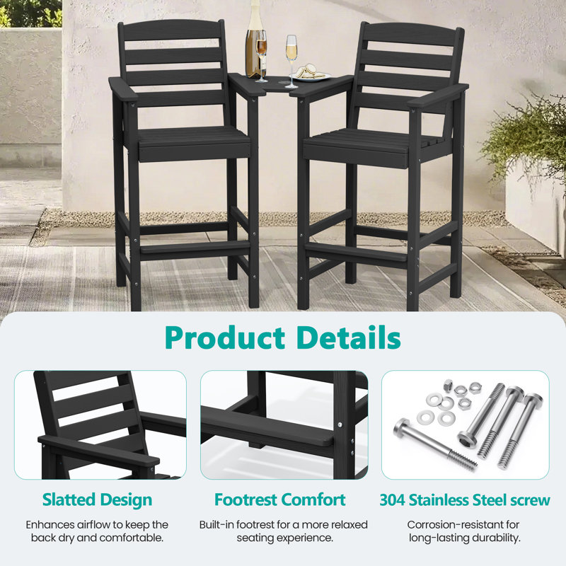 Wolak HDPE Outdoor Tall  Adirondack Chair With Table, Black