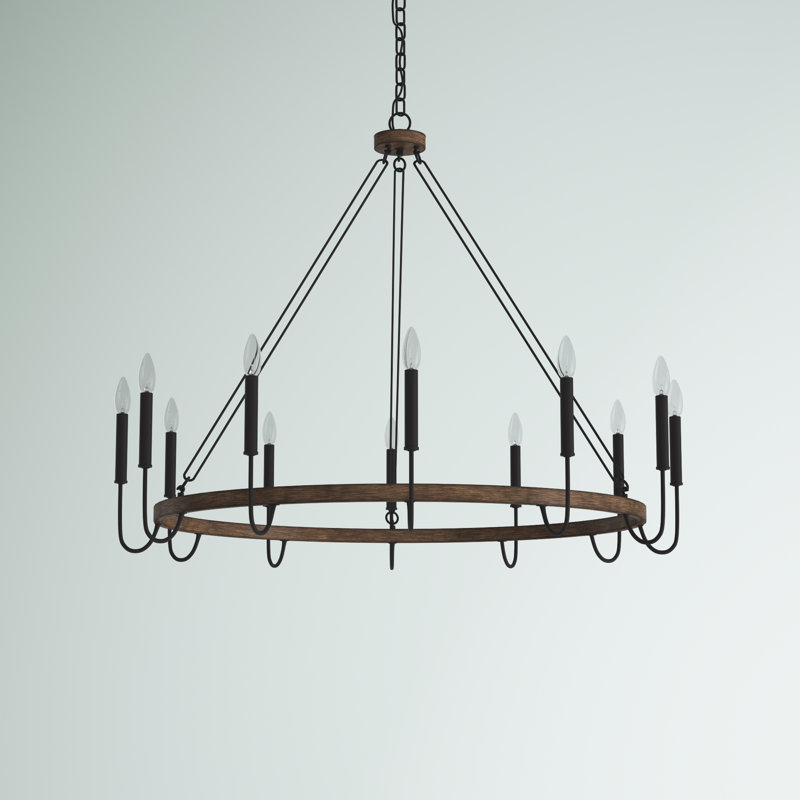 Allegra 12 - Light Dimmable Wagon Wheel Chandelier, Walnut/Aged Zinc
