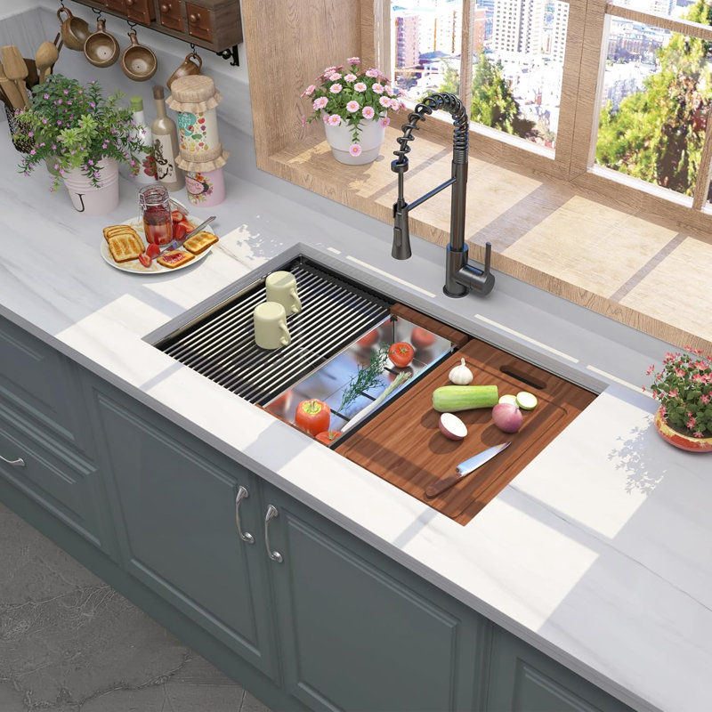 32 Inch Undermount Kitchen Sink In Gunmetal Black, 16 Gauge Stainless Steel, 10 Deep, Workstation With Switchable Work - Mode, X Shaped Drainage Black Steel Sink, Gauge, Multi Function Track, R10