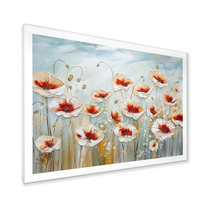 Champ de coquelicots rouges et gris, Cadre simple blanc, H 24 po x l 32 po x P 1 po