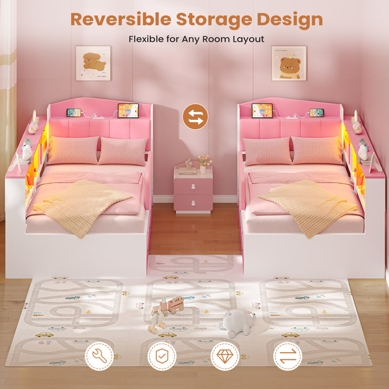 Lit de jour d'angle une place pour enfant, lit plateforme rembourré avec 6 tiroirs de rangement, 3 niches ouvertes, barrière de sécurité, lumières DEL RVB et station de recharge, rose