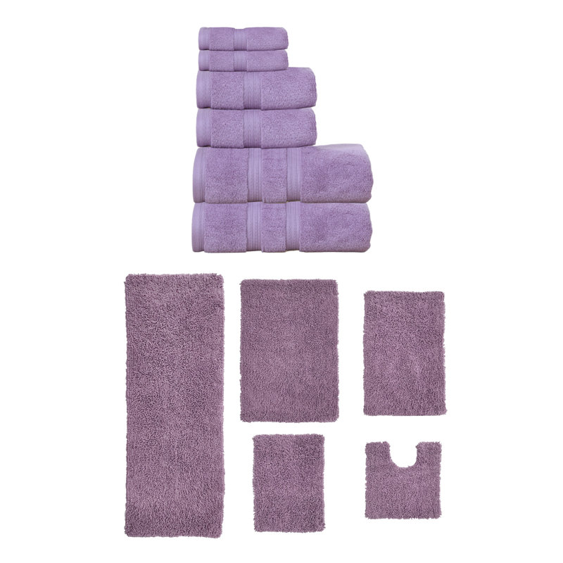 Bruno Collection 100% Soft Cotton 3 Pc Towel Set & 3 Pc Bath Rug Set, (Set of 6), Purple