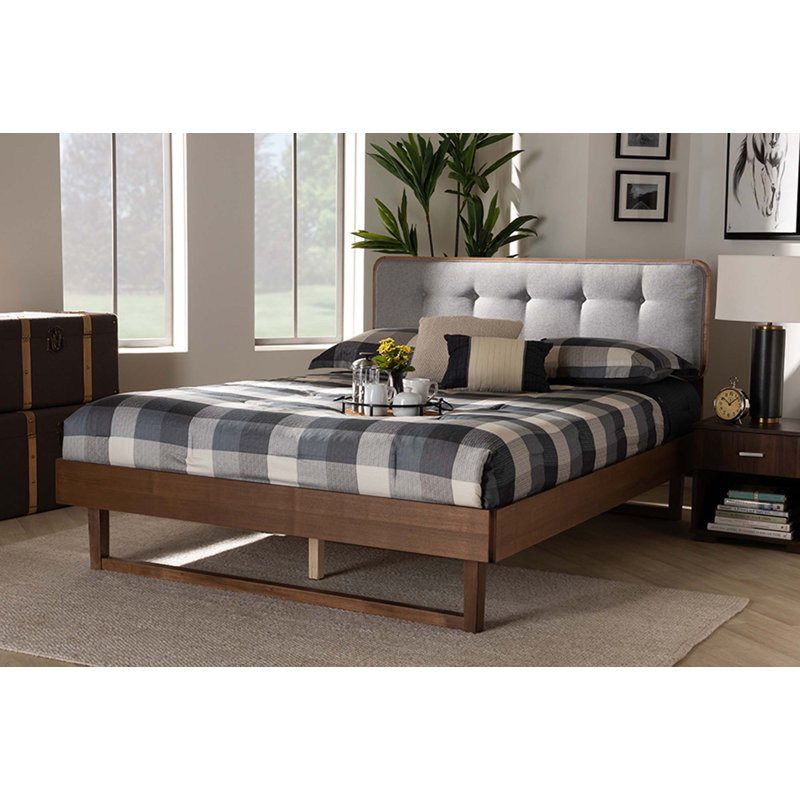 Lit plateforme très grand Artesha Mid-Century, Grand, Gris clair / noyer cendré