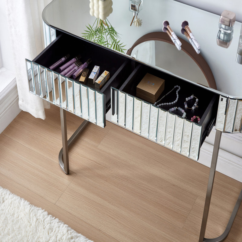 Bureau, coiffeuse à miroir de 39 po avec base en acier inoxydable, coiffeuse à miroir avec 2 tiroirs, bureau polyvalent pour la chambre à coucher et le bureau