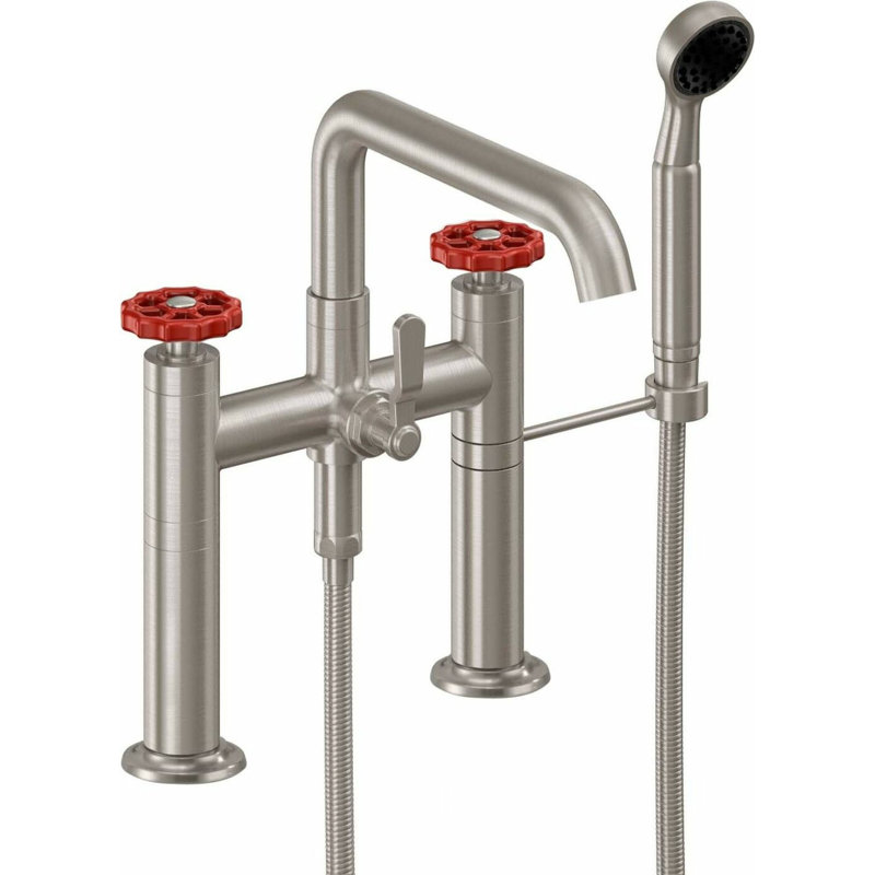 Descanso Tub Filler with Diverter, Cross Handle, Satin Nickel/Red