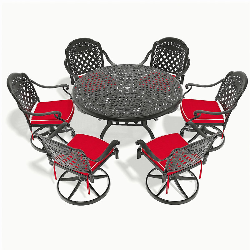 7-Piece All-Weather Cast Aluminum Dining Set, Include 6 Swivel Chairs and 48.03" Round Table With Black Frame, Red