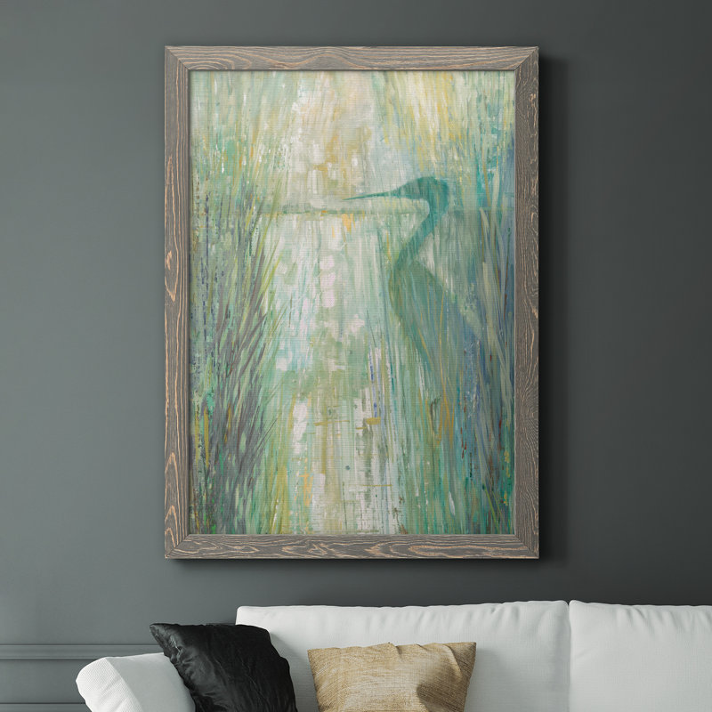 Morning Egret II - peinture sur toile encadrée, H 44 po x l 31 po x P 1 po, Encadré gris