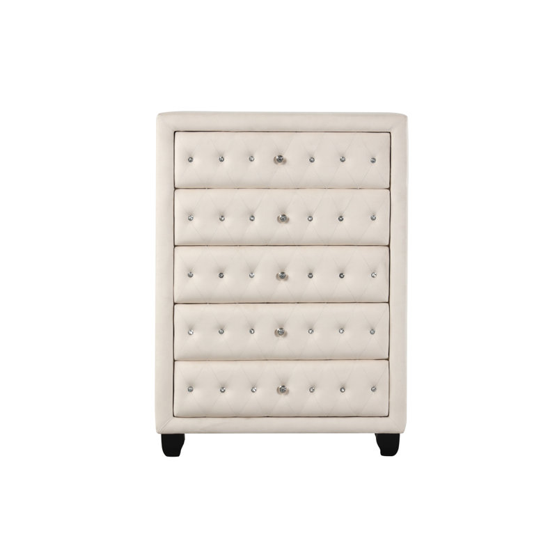 Commode capitonnée en cristal capitonnée à 5 tiroirs Sophia, Cream